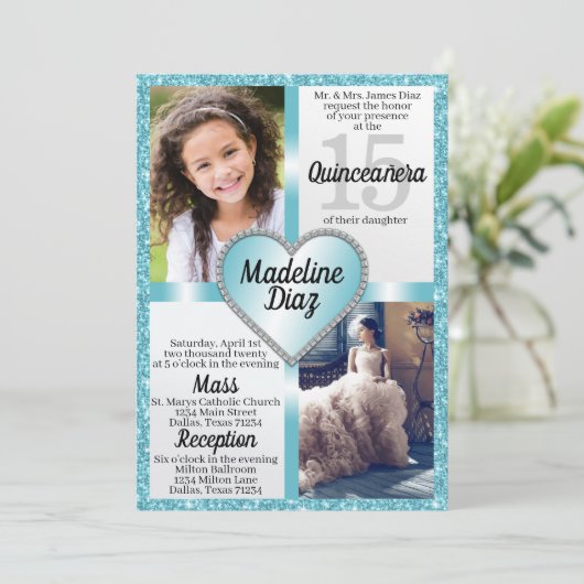 Invitation Aqua Blue Quinceañera 15 Cumpleaños (Debout devant)