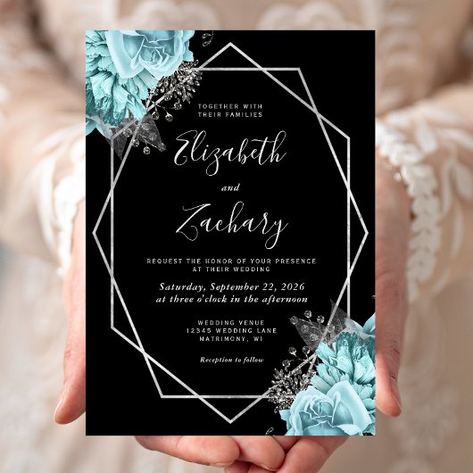 Invitation Aqua Blue Silver Floral Black Wedding