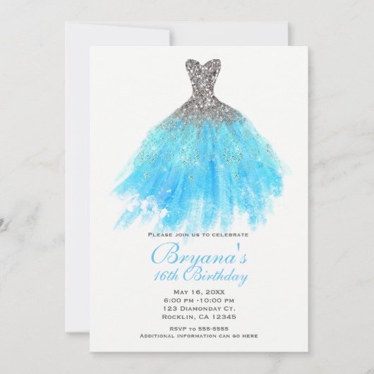 Invitation Aqua Blue Silver Parties scintillant Glam Robe Swe (Devant)