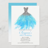 Invitation Aqua Blue Silver Parties scintillant Glam Robe Swe (Devant / Derrière)