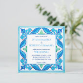 Invitation Aqua Blue Talavera tuiles tout en un mariage (Debout devant)