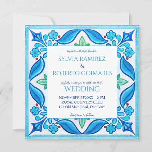 Invitation Aqua Blue Talavera tuiles tout en un mariage (Devant)