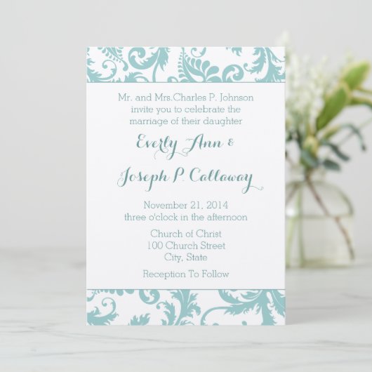 Invitation Aqua Blue Turquoise Floral Mariage damassé Invitat (Debout devant)