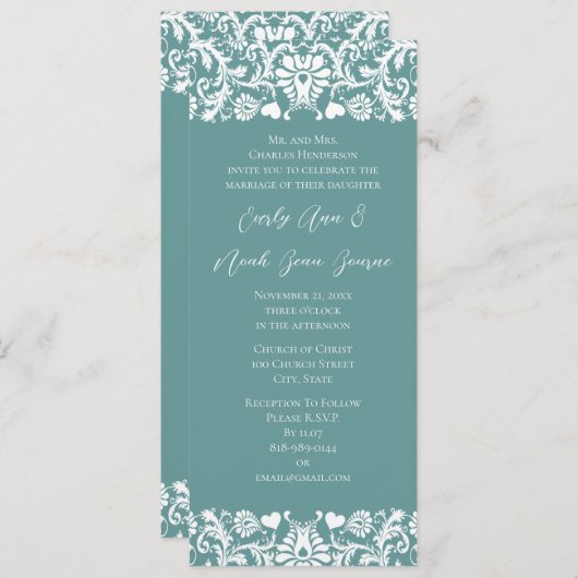 Invitation Aqua Blue Vintage Modern Mariage damassé Invitatio (Devant / Derrière)