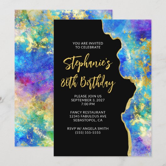 Invitation Aqua Blue violet feu Opal Gold Glam 80e anniversai (Devant / Derrière)