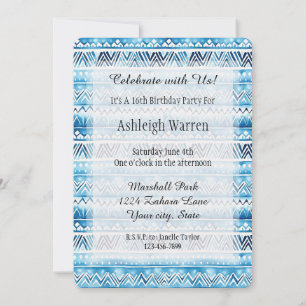 Invitation Aqua Blue White Tribal Stripes 16e anniversaire
