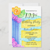 Invitation Aqua Blue Yellow Cake Floral 100e fête d'anniversa (Devant)