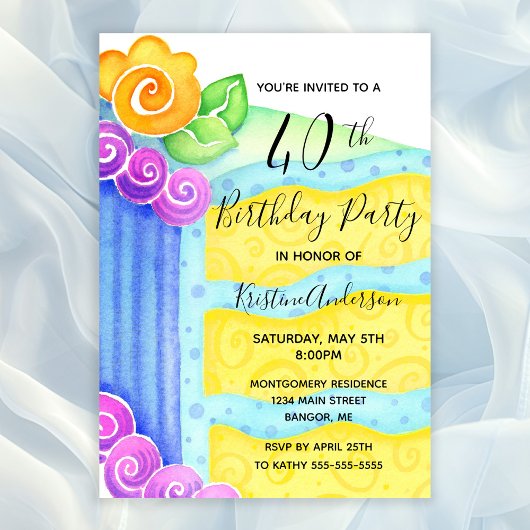 Invitation Aqua Blue Yellow Cake Floral 40e fête d'anniversai