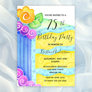Invitation Aqua Blue Yellow Cake Floral 75e fête d'anniversai
