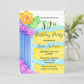 Invitation Aqua Blue Yellow Cake Floral 80e fête d'anniversai (Debout devant)