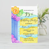 Invitation Aqua Blue Yellow Cake Floral 95e fête d'anniversai (Debout devant)