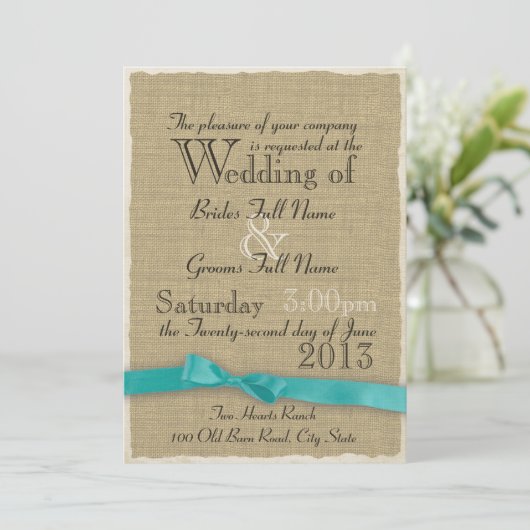 Invitation Aqua Bow et Burlap Mariage Lite (Debout devant)