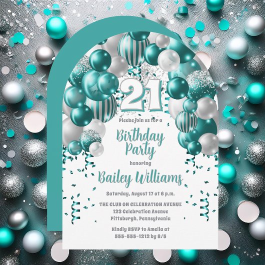 Invitation Aqua Celebration Balloons 21e Anniversaire