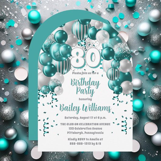 Invitation Aqua Celebration Balloons 80e anniversaire fête