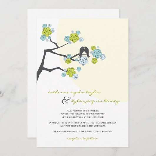 Invitation Aqua Cherry Blossoms Inséparables Mariage Invitati (Devant / Derrière)