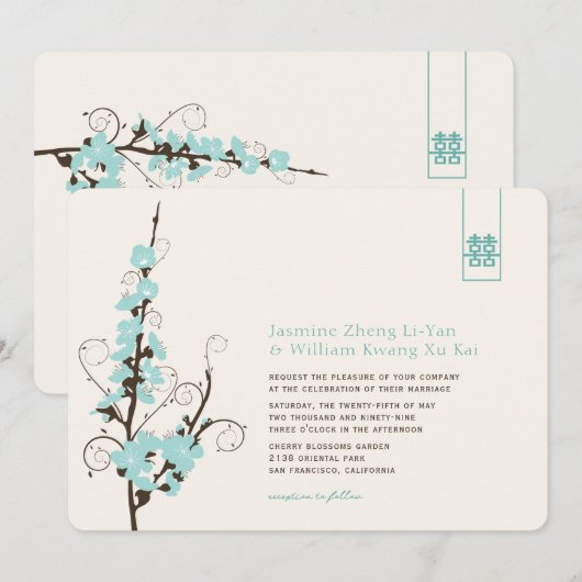 Invitation Aqua Cherry Blossoms Sakura Swirls Mariage asiatiq (Devant / Derrière)