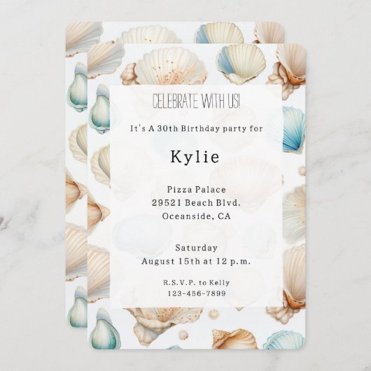 Invitation Aqua Cream Beach Shells Anniversaire (Devant / Derrière)