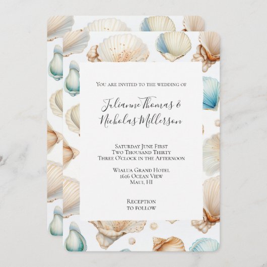 Invitation Aqua Cream Beach Shells Mariage (Devant / Derrière)