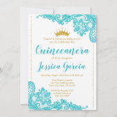 Invitation Aqua dentelle et Parties scintillant or princesse (Devant)