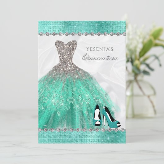 Invitation Aqua Diamond Sparkle Parties scintillant Quinceañe (Debout devant)