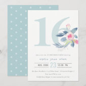 INVITATION AQUA DOUX BLEU BLEU FLORAL 16E TOUT ÂGE ANNIVERSAI (Devant / Derrière)