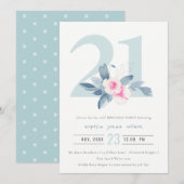 INVITATION AQUA DOUX BLEU BLEU FLORAL 21E TOUT ÂGE ANNIVERSAI (Devant / Derrière)