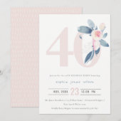 INVITATION AQUA DOUX BLEU BLEU FLORAL 40E TOUT ÂGE ANNIVERSAI (Devant / Derrière)