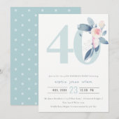 INVITATION AQUA DOUX BLEU BLEU FLORAL 40E TOUT ÂGE ANNIVERSAI (Devant / Derrière)