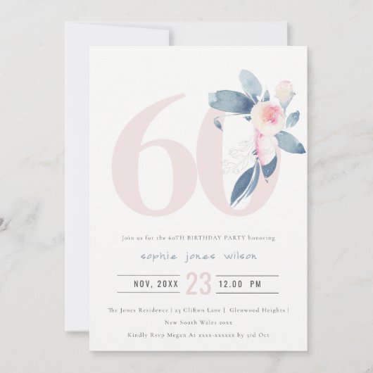 INVITATION AQUA DOUX BLEU BLEU FLORAL 60E TOUT ÂGE ANNIVERSAI (Devant)