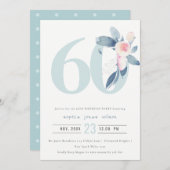 INVITATION AQUA DOUX BLEU BLEU FLORAL 60E TOUT ÂGE ANNIVERSAI (Devant / Derrière)