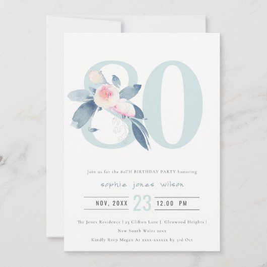 INVITATION AQUA DOUX BLEU BLEU FLORAL 80E TOUT ÂGE ANNIVERSAI (Devant)