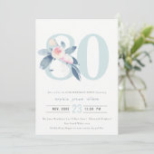 INVITATION AQUA DOUX BLEU BLEU FLORAL 80E TOUT ÂGE ANNIVERSAI (Debout devant)
