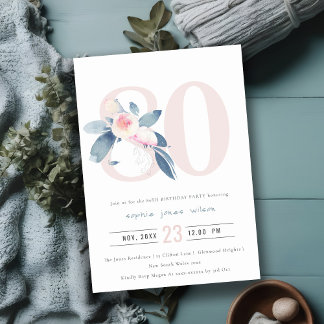INVITATION AQUA DOUX BLEU BLEU FLORAL 80E TOUT ÂGE ANNIVERSAI