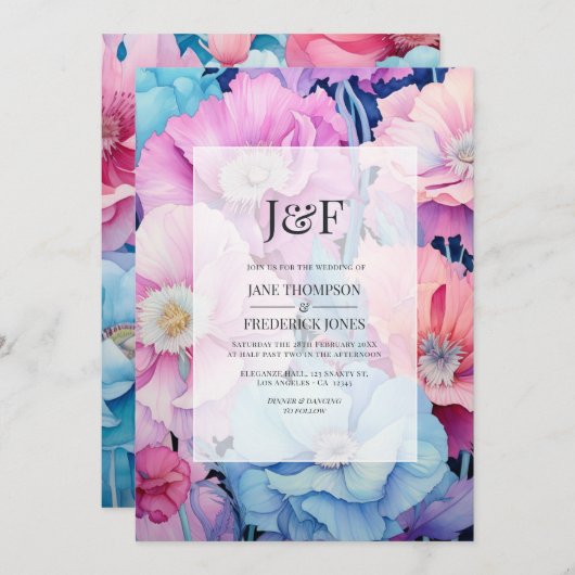 Invitation Aqua doux et Mariage rose clair Monogramme (Devant / Derrière)