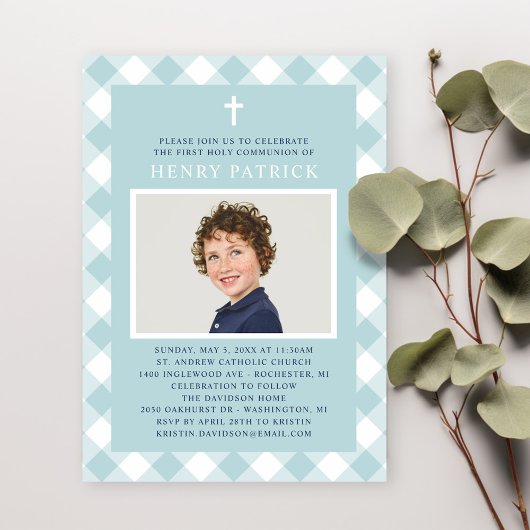 Invitation Aqua En vichy Plaid First Communion for Boy Photo