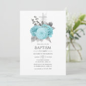 Invitation Aqua et Argent Vintage Shabby Roses Baptême (Debout devant)