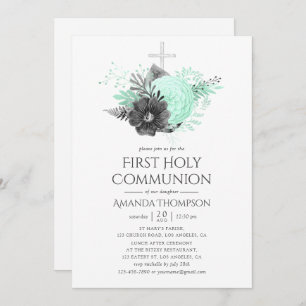 Invitation Aqua et Charbon Floral Rustique Sainte Communion