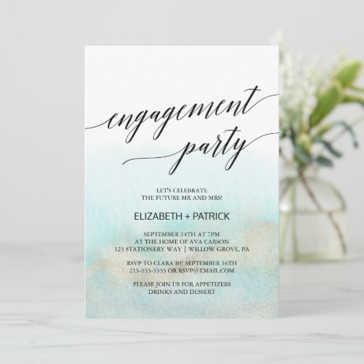 Invitation Aqua et Gold Watercolor Beach (Debout devant)