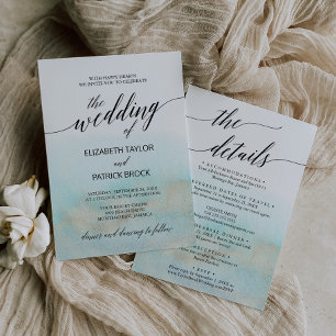 Invitation Aqua et Gold Watercolor Beach All In One Mariage