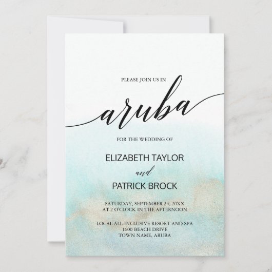 Invitation Aqua et Gold Watercolor Beach Aruba Mariage (Devant)