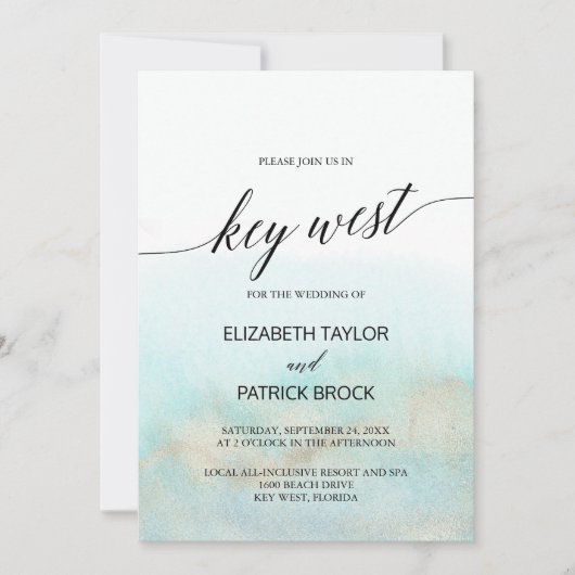 Invitation Aqua et Gold Watercolor Beach Key West Mariage (Devant)