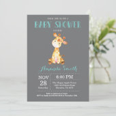 Invitation Aqua et gris d'invitation de baby shower de girafe (Debout devant)