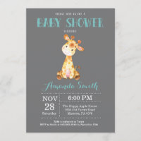 Aqua et gris d'invitation de baby shower de girafe