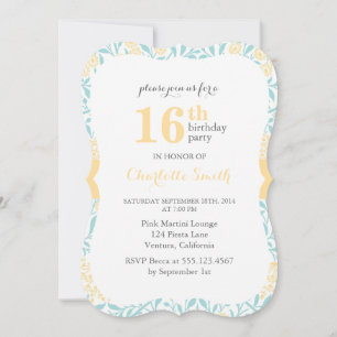 Invitation Aqua et Jaune Floral Motif Anniversaire