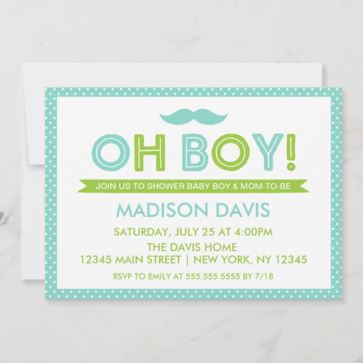 Invitation Aqua et Lime Green Polka Dot Oh Boy Baby shower (Devant)