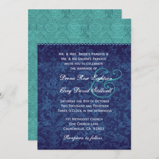Invitation Aqua et Navy Blue Damask Two Tone Mariage V326 V2 (Devant / Derrière)