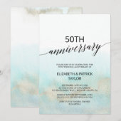 Invitation Aqua et Or Aquarelle Anniversaire de Mariage Plage (Devant / Derrière)
