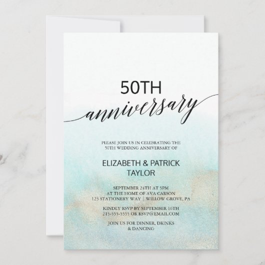 Invitation Aqua et Or Aquarelle Mariage Anniversaire Plage (Devant)