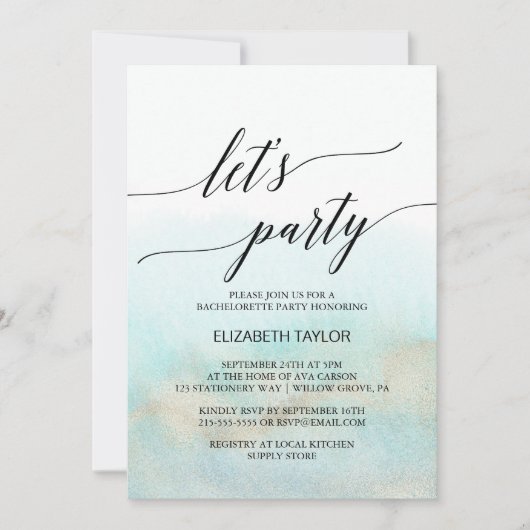 Invitation Aqua et Or Aquarelle Plage Faisons la Fête (Devant)