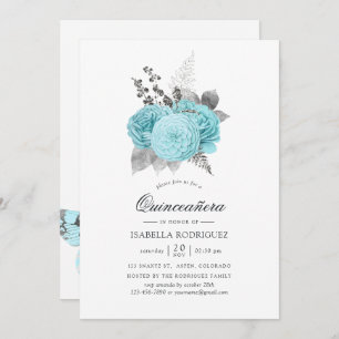 Invitation Aqua et Silver Vintage Shabby Roses Quinceañera